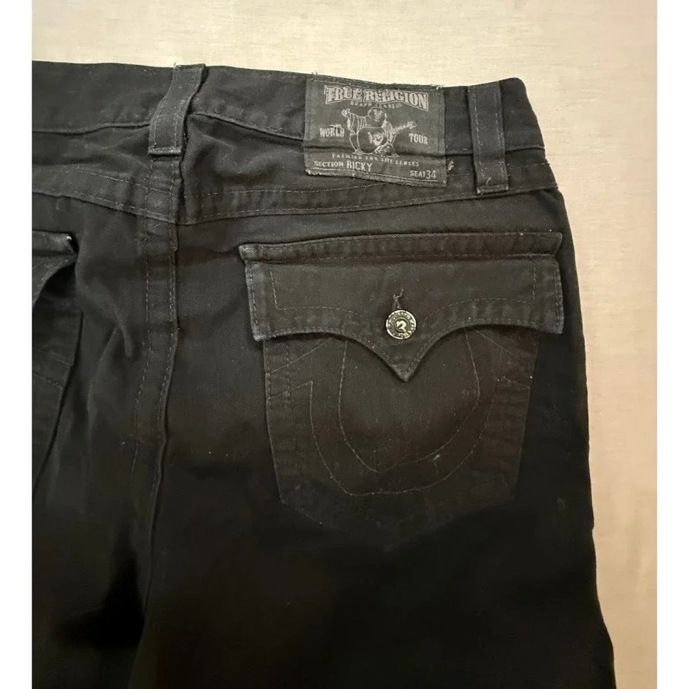 TRUE RELIGION Ricky Black Straight Jeans Men's‎ Belted Flap Pocketed 38X31.